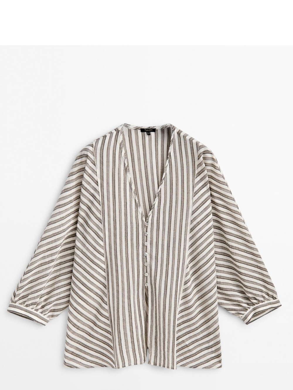 Massimo Dutti cotton Striped V-Neck Button Front Blouse - Taupe & White